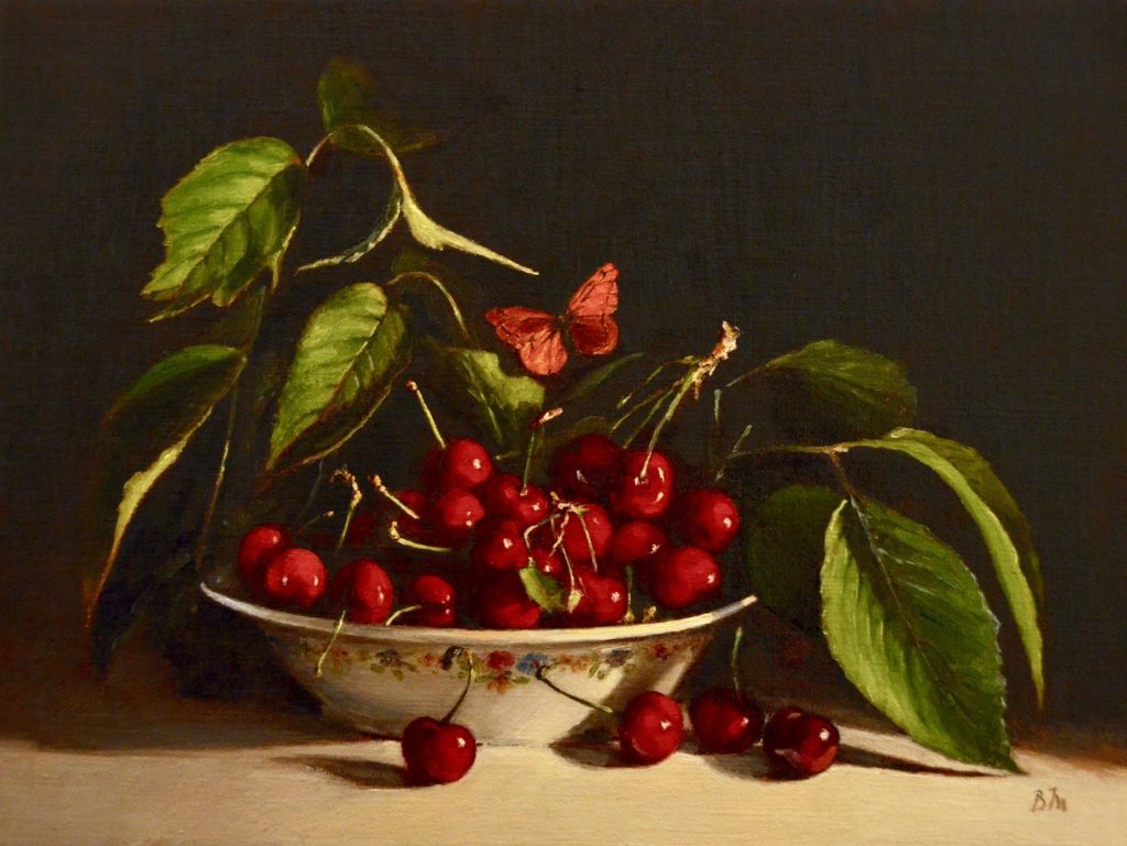 Cherries, Butterfly and Limoges painting by Begoña Morton